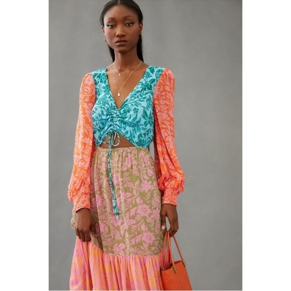 New Farm Rio Cut Out Maxi Dress Anthropologie Long Sleeve Pink Printed Small - Picture 9 of 13